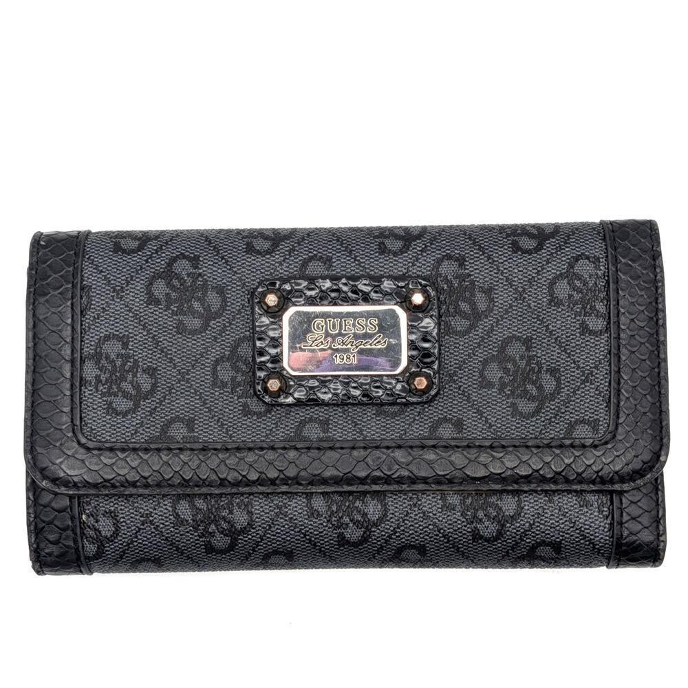 GUESS Checkbook Wallet Black Logo Wallet Faux Leather Clutch SG481251 Snap Zip